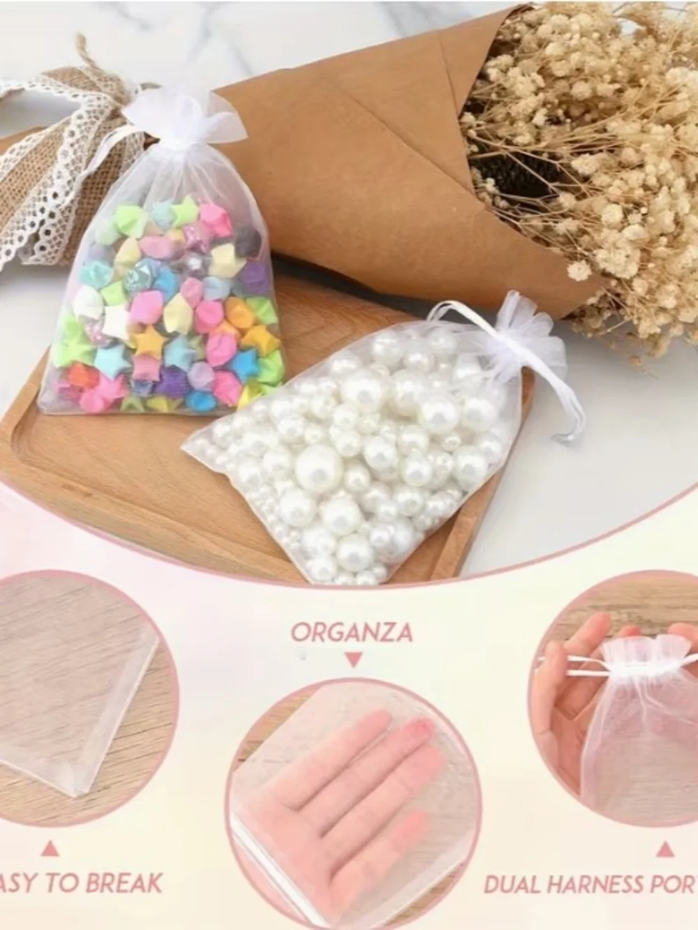 100pcs Sheer Organza Drawstring Pouch - White